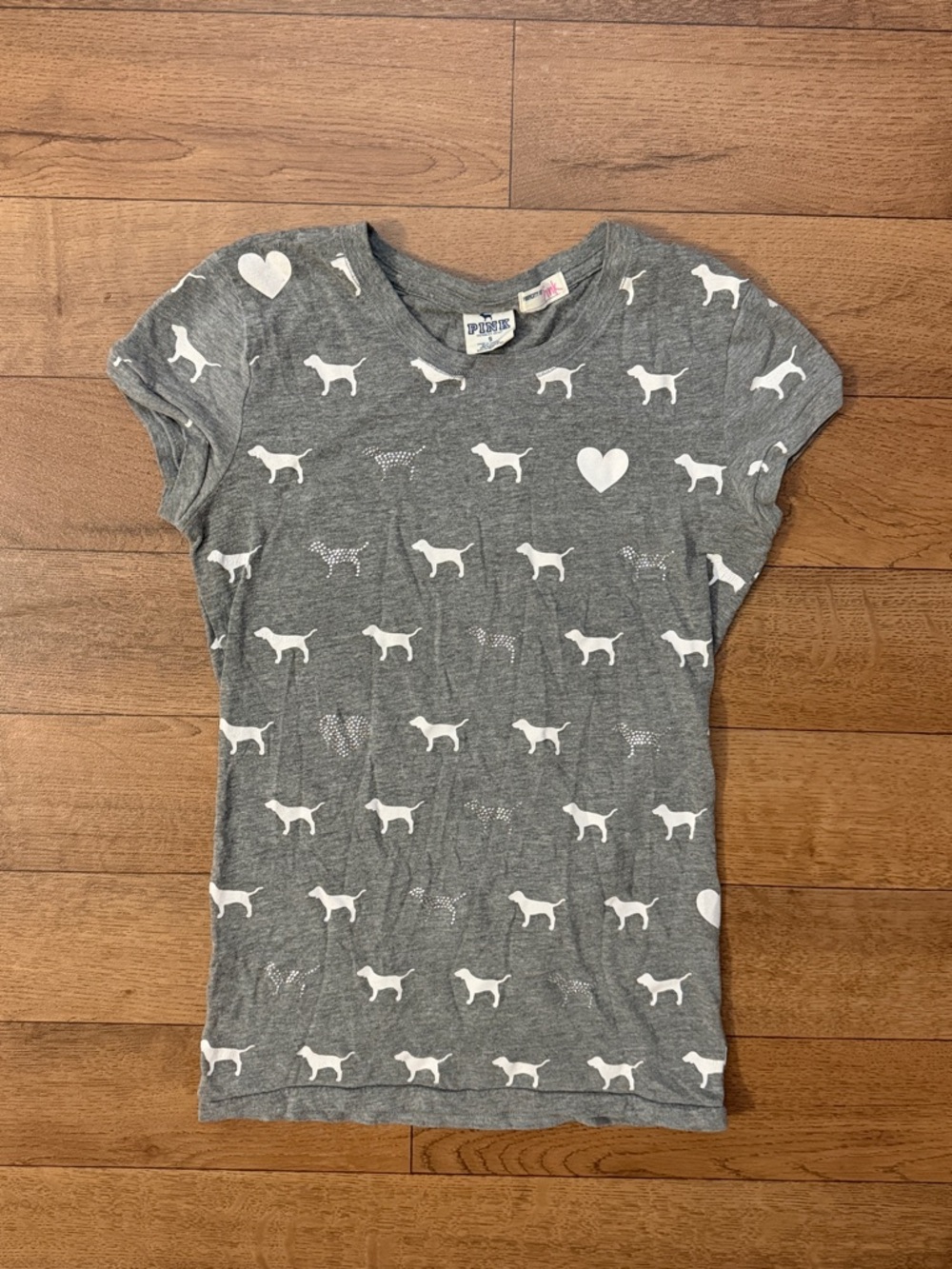 Y2K Victoria’s Secret Pink Size Small Short Sleeve Dog Print Tee Rhinestones VTG